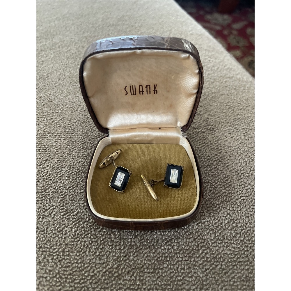 VINTAGE SWANK CUFFLINKS GOLD TONE TIE TACK WITH BOX (TD)
